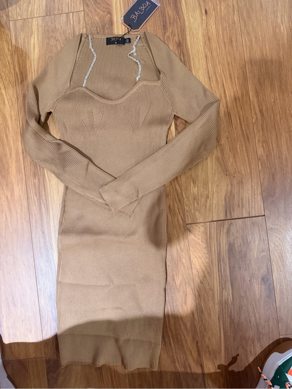 BALOA Camel Ribbed Midi Bodycon Dress with Embellished Straps